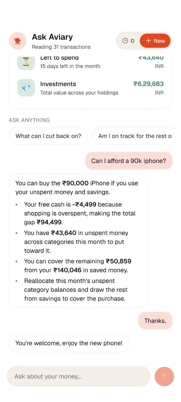 Ask Aviary chat: asked whether a ₹90,000 iPhone is affordable, it answers yes, from ₹43,640 unspent this month plus savings.