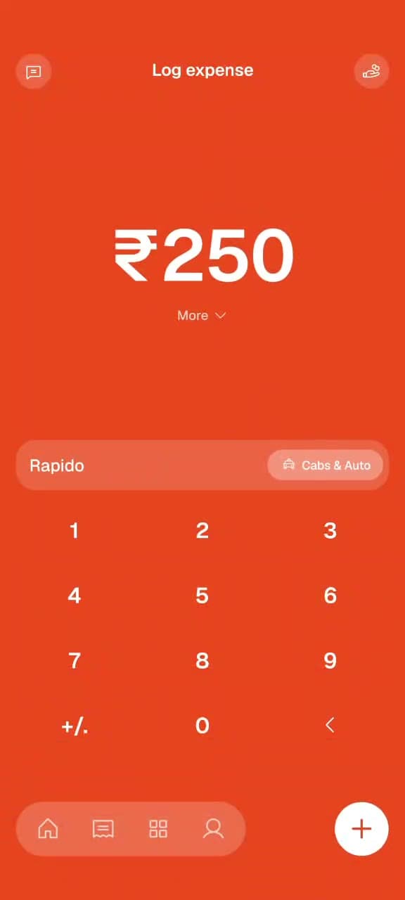 Aviary’s Log expense keypad with ₹250 entered for Rapido in the Cabs & Auto category.
