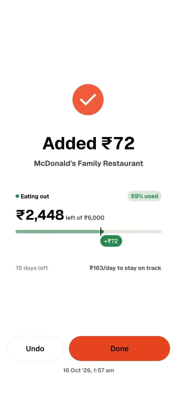 Aviary after scanning a McDonald’s bill: Added ₹72, with ₹2,448 left of ₹6,000 in Eating out.
